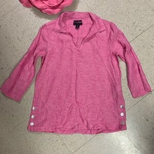 TAHARI Womens Sz MEDIUM Heathered‎ Pink 100% Linen Tunic Top Side Buttons